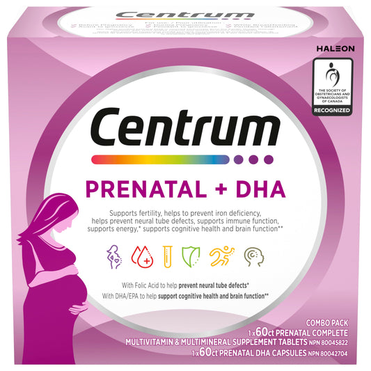 Centrum Prenatal Multivitamins/Minerals with Folic Acid and DHA Multivitamins Supplement with Omega 3, 60 Prenatal Tablets & 60 DHA Softgels (120 Total Count) (Packaging May Vary) - Available at All In One Marketplace Canada