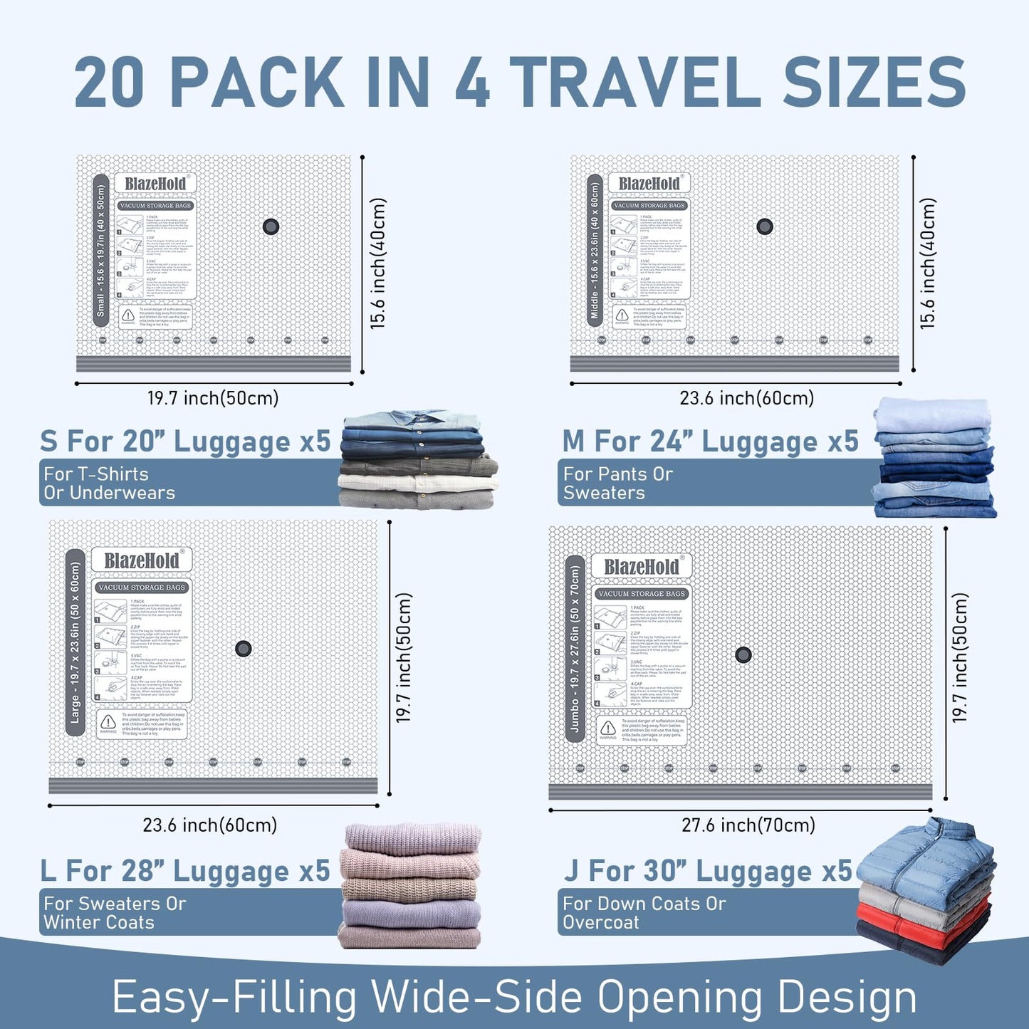 BlazeHold Travel Vacuum Bags with Rechargeable Pump, 20 Pack 4 Sizes Cordless Travel Vacuum Bag Set for Luggage, Thickened Compression Storage Packing Bags for Clothes, Triple-Zipper Sealer Upgrade - Available at All In One Marketplace Canada