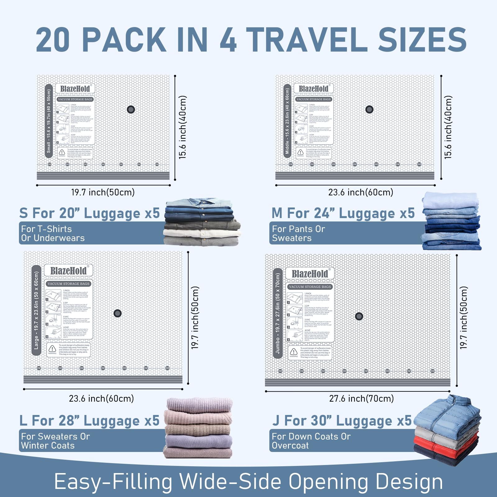 BlazeHold Travel Vacuum Bags with Rechargeable Pump, 20 Pack 4 Sizes Cordless Travel Vacuum Bag Set for Luggage, Thickened Compression Storage Packing Bags for Clothes, Triple-Zipper Sealer Upgrade - Available at All In One Marketplace Canada
