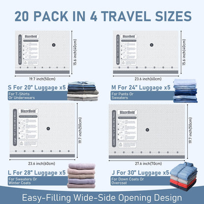 BlazeHold Travel Vacuum Bags with Rechargeable Pump, 20 Pack 4 Sizes Cordless Travel Vacuum Bag Set for Luggage, Thickened Compression Storage Packing Bags for Clothes, Triple-Zipper Sealer Upgrade - Available at All In One Marketplace Canada