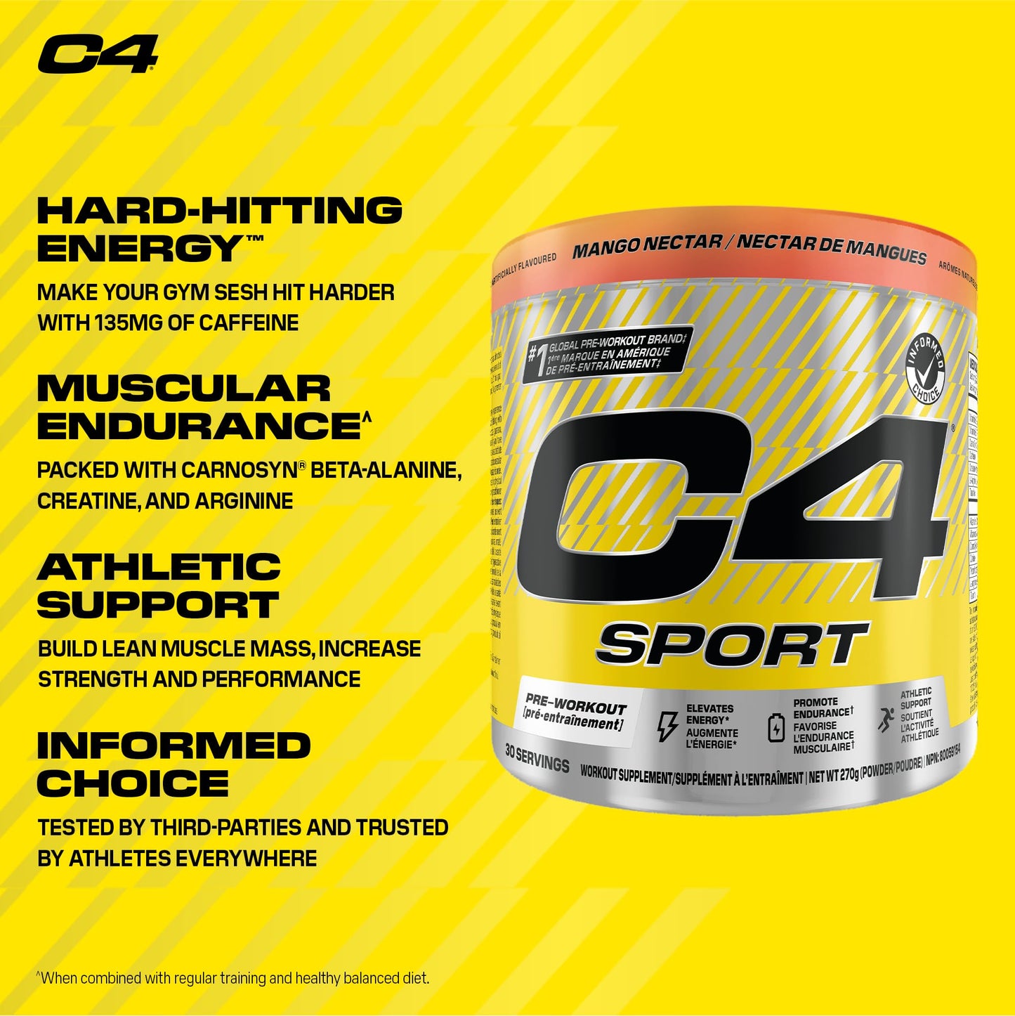 Cellucor C4 Sport Pre Workout Powder - Preworkout Energy with Creatine, Beta-Alanine, and 135mg Caffeine - NSF Certified for Sport - Mango Nectar, 30 Servings