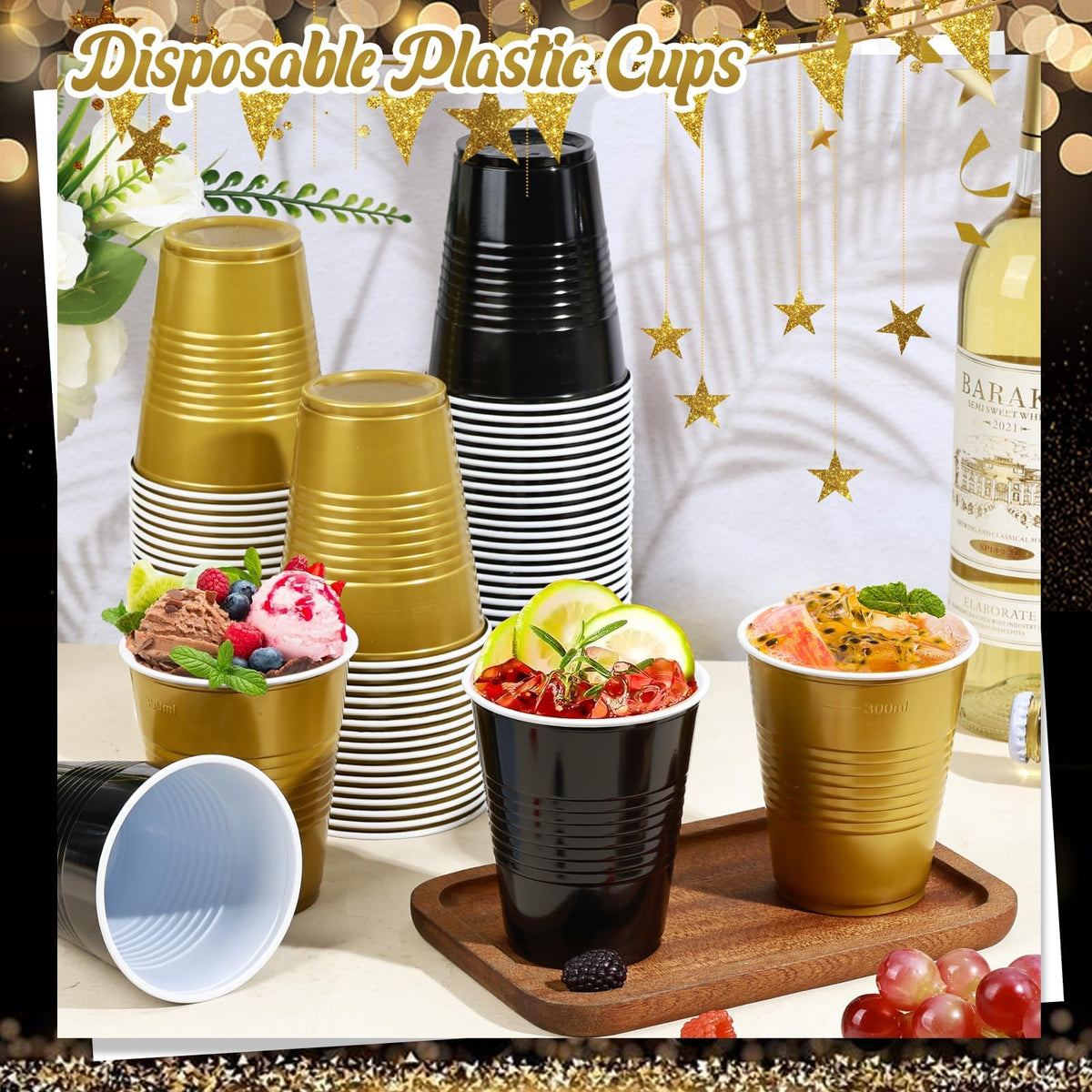 100 PCS 12 OZ Plastic Cups, Party Cups Black and Gold Cups Disposable Drinking Cup Bulk for Christmas Graduation Wedding Birthday Halloween New Year Family Gathering Festive Celebrations 🍁 All In One Marketplace Canada