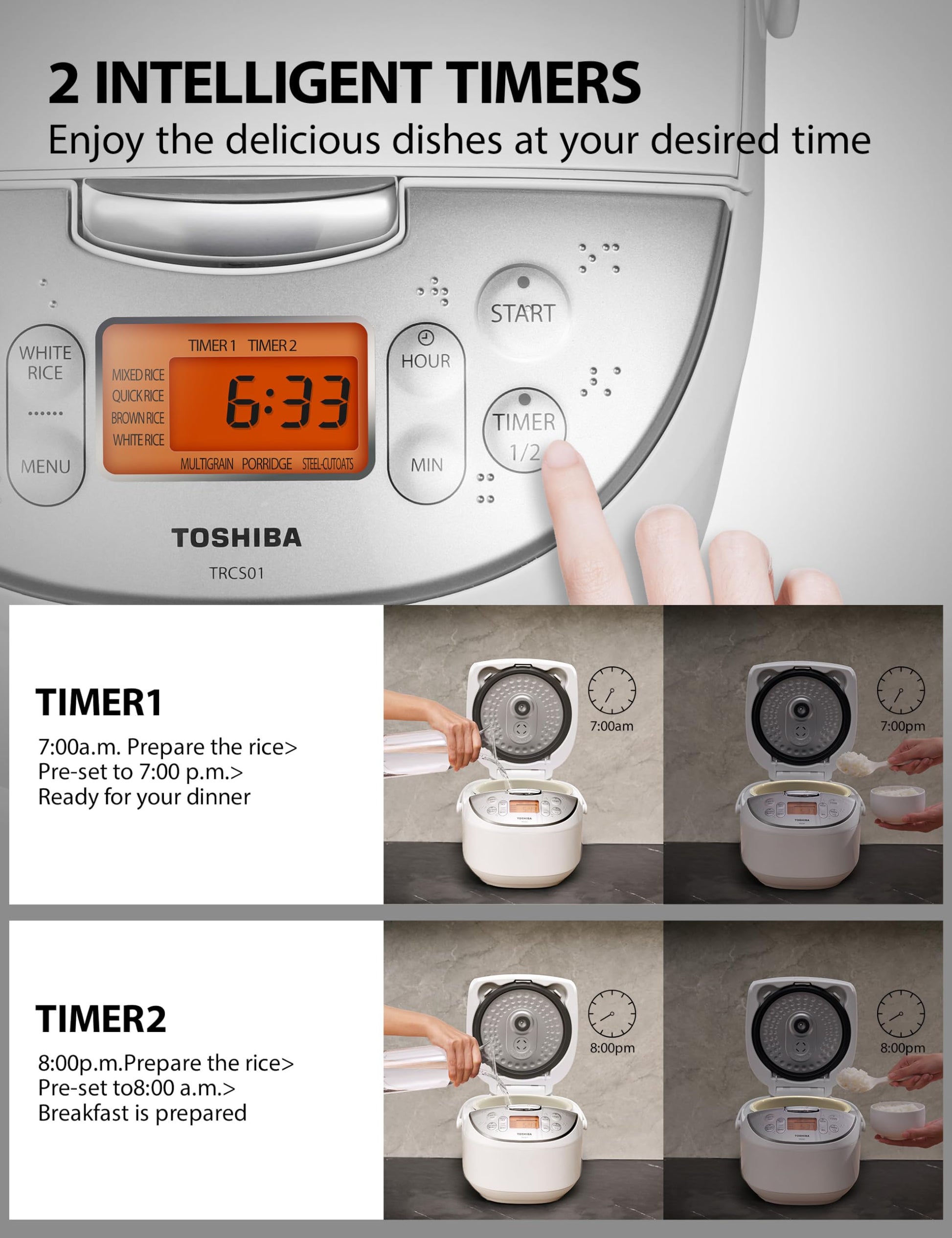 Toshiba Rice Cooker 6 Cup Uncooked – Japanese Rice Cooker with Fuzzy Logic Technology, 7 Cooking Functions, Digital Display, 2 Delay Timers and Auto Keep Warm, Non-Stick Inner Pot, White - Available at All In One Marketplace Canada