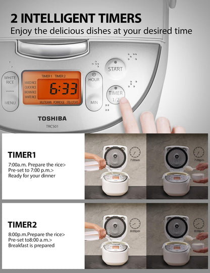 Toshiba Rice Cooker 6 Cup Uncooked – Japanese Rice Cooker with Fuzzy Logic Technology, 7 Cooking Functions, Digital Display, 2 Delay Timers and Auto Keep Warm, Non-Stick Inner Pot, White - Available at All In One Marketplace Canada