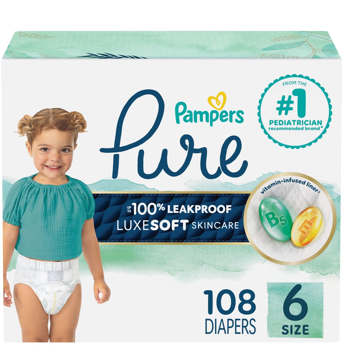 Pampers Pure Baby Diapers, Size 6 (35+ lbs), 108, Up to 100% Leakproof, Premium Hypoallergenic Soft Diapers