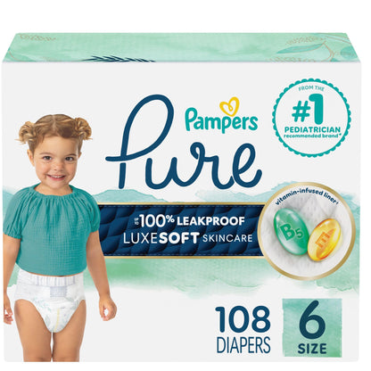 Pampers Pure Baby Diapers, Size 6 (35+ lbs), 108, Up to 100% Leakproof, Premium Hypoallergenic Soft Diapers