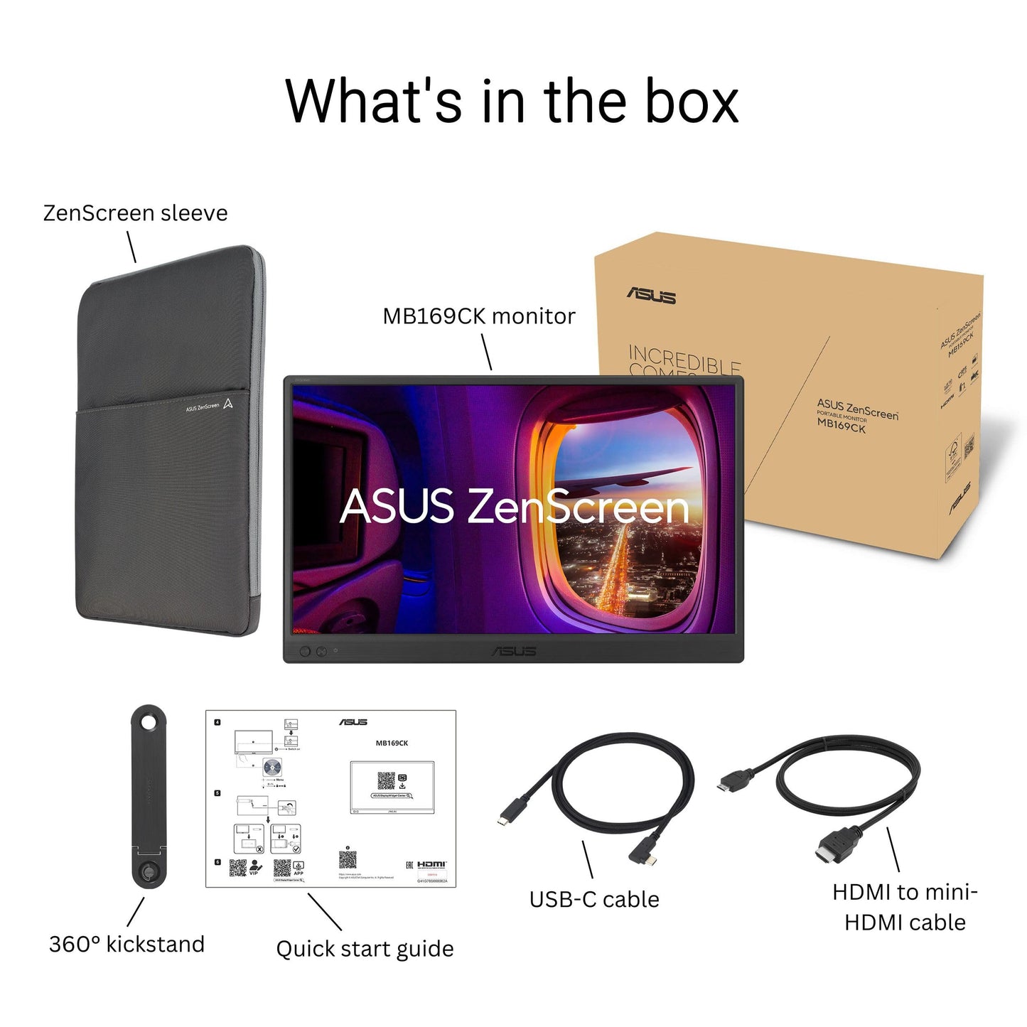 ASUS ZenScreen 15.6” Portable Monitor for Laptop (MB169CK) - Dual USB-C, Mini-HDMI, Plug & Play External Screen for Travel Dual Setup, Full HD, IPS, Anti-Glare Surface, 360° Kickstand, 3yr Warranty Asus