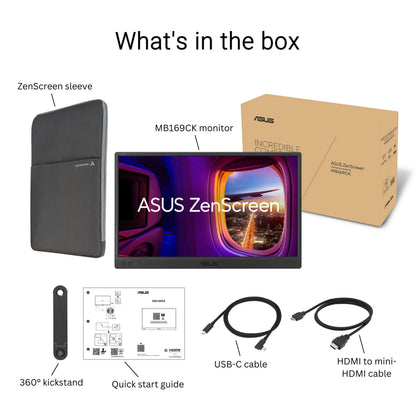 ASUS ZenScreen 15.6” Portable Monitor for Laptop (MB169CK) - Dual USB-C, Mini-HDMI, Plug & Play External Screen for Travel Dual Setup, Full HD, IPS, Anti-Glare Surface, 360° Kickstand, 3yr Warranty Asus