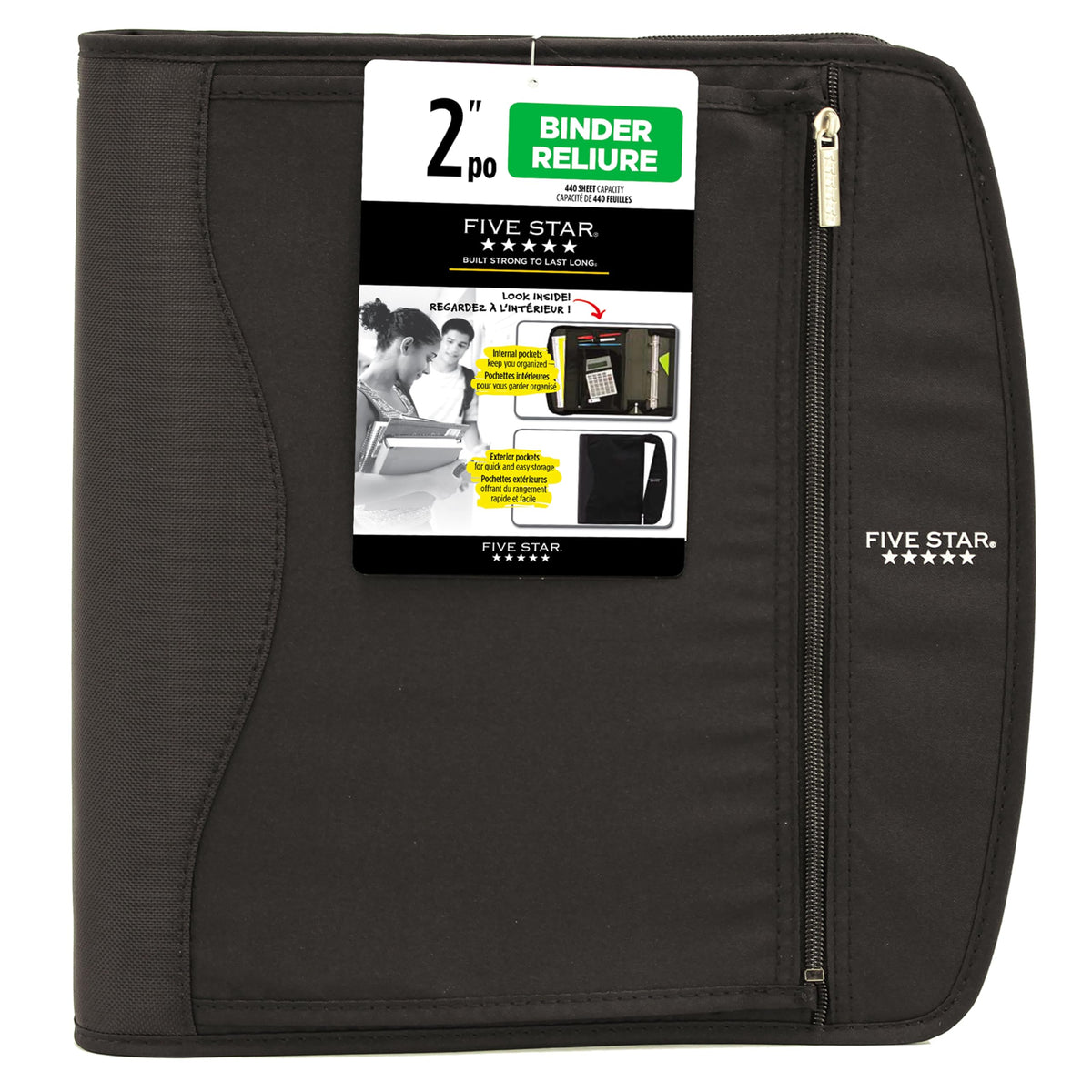 Five Star Zipper Binder, 2-Inch Capacity, 3 D-Rings, Exterior Zippered Pockets, Interior Mesh Pouch, Easy Grip Spine, Black Cover (66352)
