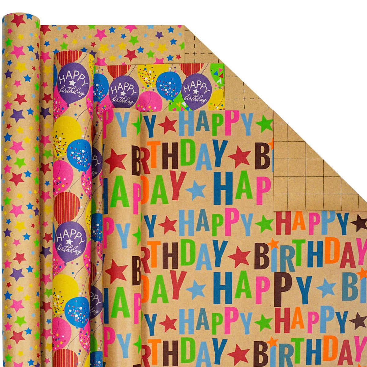 BIOBROWN Kraft Birthday Wrapping Paper 3 Rolls, Colorful Balloons & Star 🍁 All In One Marketplace Canada