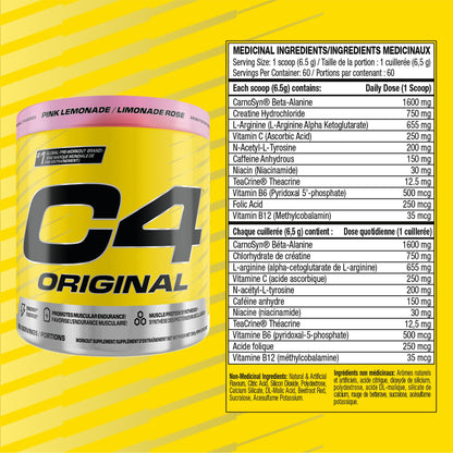 Cellucor C4 Original Pre Workout Powder - Sugar Free Preworkout Energy for Men & Women - 150mg Caffeine, Beta Alanine, Creatine - Pink Lemonade, 60 Servings Cellucor