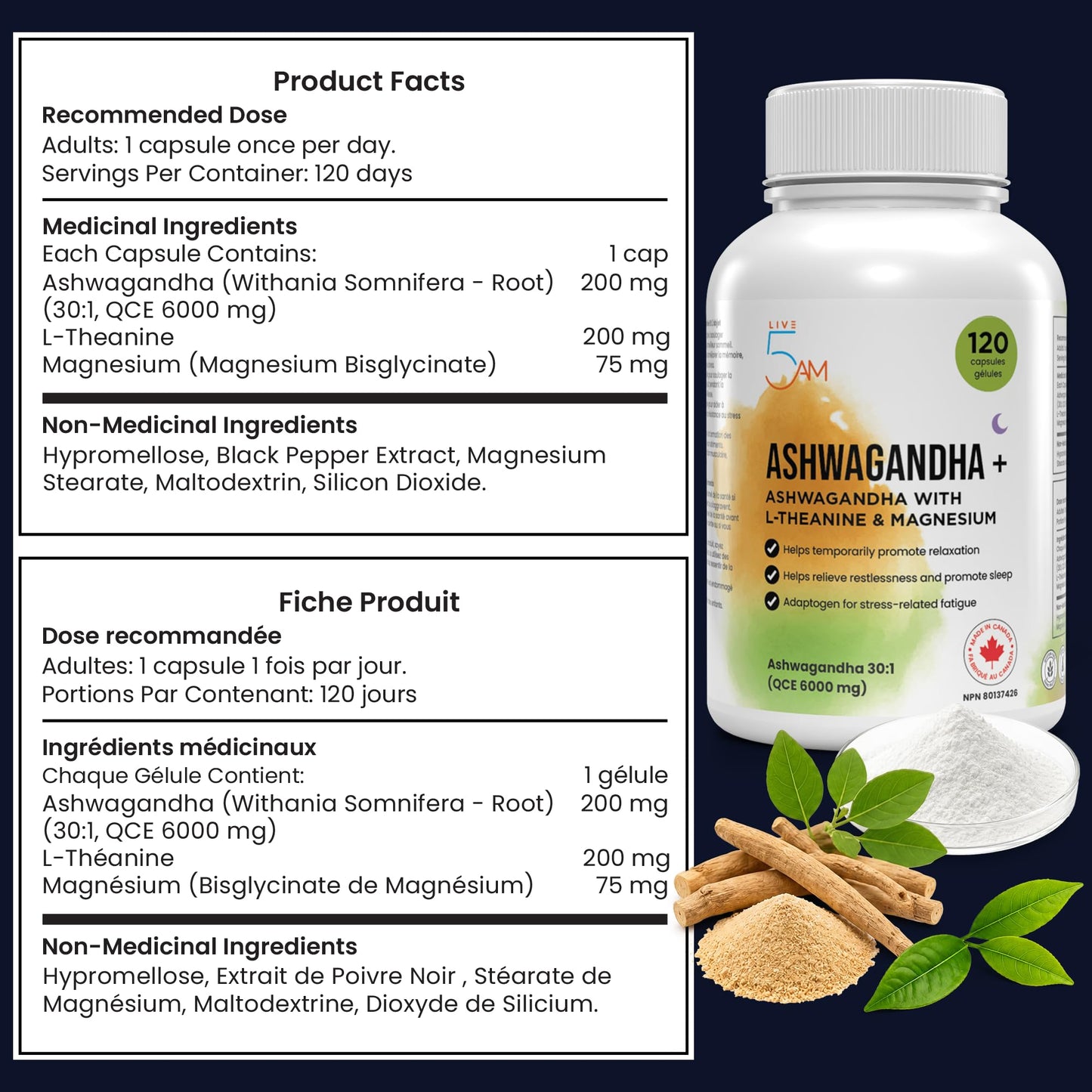 Live 5AM Ashwagandha 6000mg with L-Theanine 200mg, Magnesium Bisglycinate 75mg & Black Pepper Extract - Relaxation, Stress & Restlessness Support - 4 Month Supply, 120 Capsules - Made in Canada - Available at All In One Marketplace Canada
