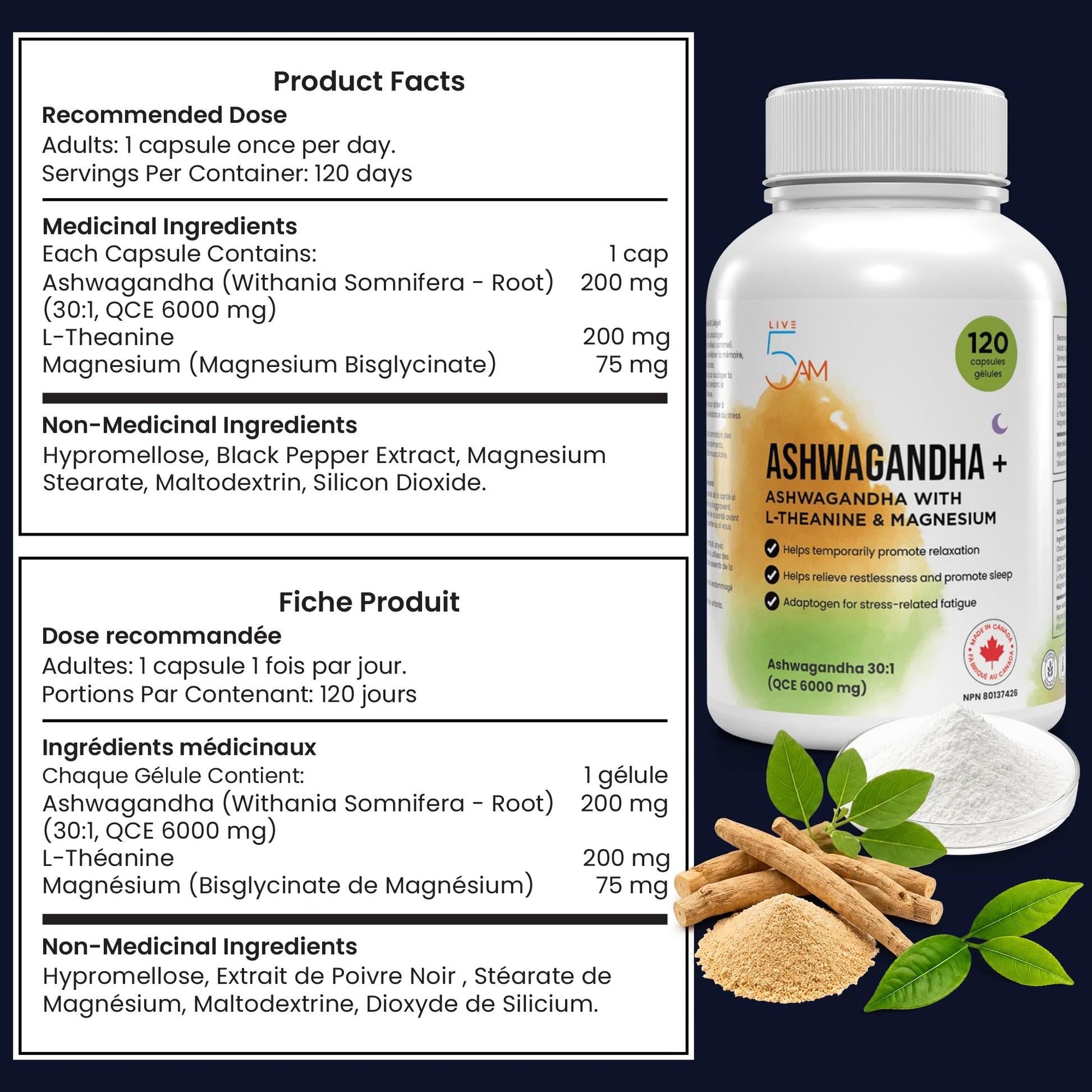 Live 5AM Ashwagandha 6000mg with L-Theanine 200mg, Magnesium Bisglycinate 75mg & Black Pepper Extract - Relaxation, Stress & Restlessness Support - 4 Month Supply, 120 Capsules - Made in Canada - Available at All In One Marketplace Canada