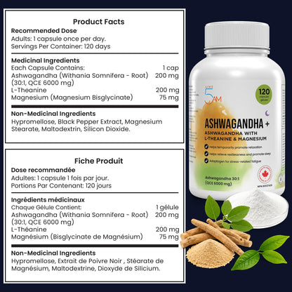 Live 5AM Ashwagandha 6000mg with L-Theanine 200mg, Magnesium Bisglycinate 75mg & Black Pepper Extract - Relaxation, Stress & Restlessness Support - 4 Month Supply, 120 Capsules - Made in Canada - Available at All In One Marketplace Canada