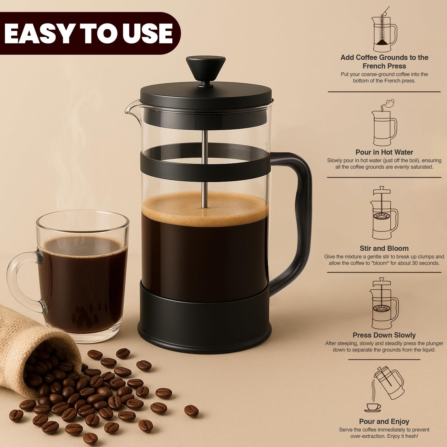 KICHLY - 34 Ounce French Press Espresso and Tea Maker with Triple Filters, Stainless Steel Plunger and Heat Resistant Borosilicate Glass, Black - Available at All In One Marketplace Canada