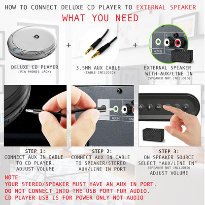 Deluxe Products CD Player Portable with 60 Second Anti Skip, Stereo Earbuds, Includes Aux in Cable and AC USB Power Cable for use at Home or in Car. Silver Deluxe Products