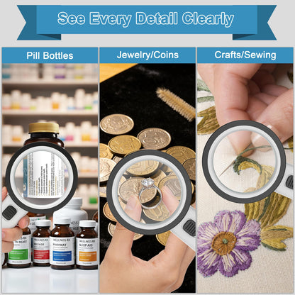 Ultra-Clear Magnifying Glass with Light, Lightweight Handheld Reading Magnifier with 12 LED, Optical Glass Lens for Seniors, Macular Degeneration, Close Work, Coins & Pill Bottle - Available at All In One Marketplace Canada