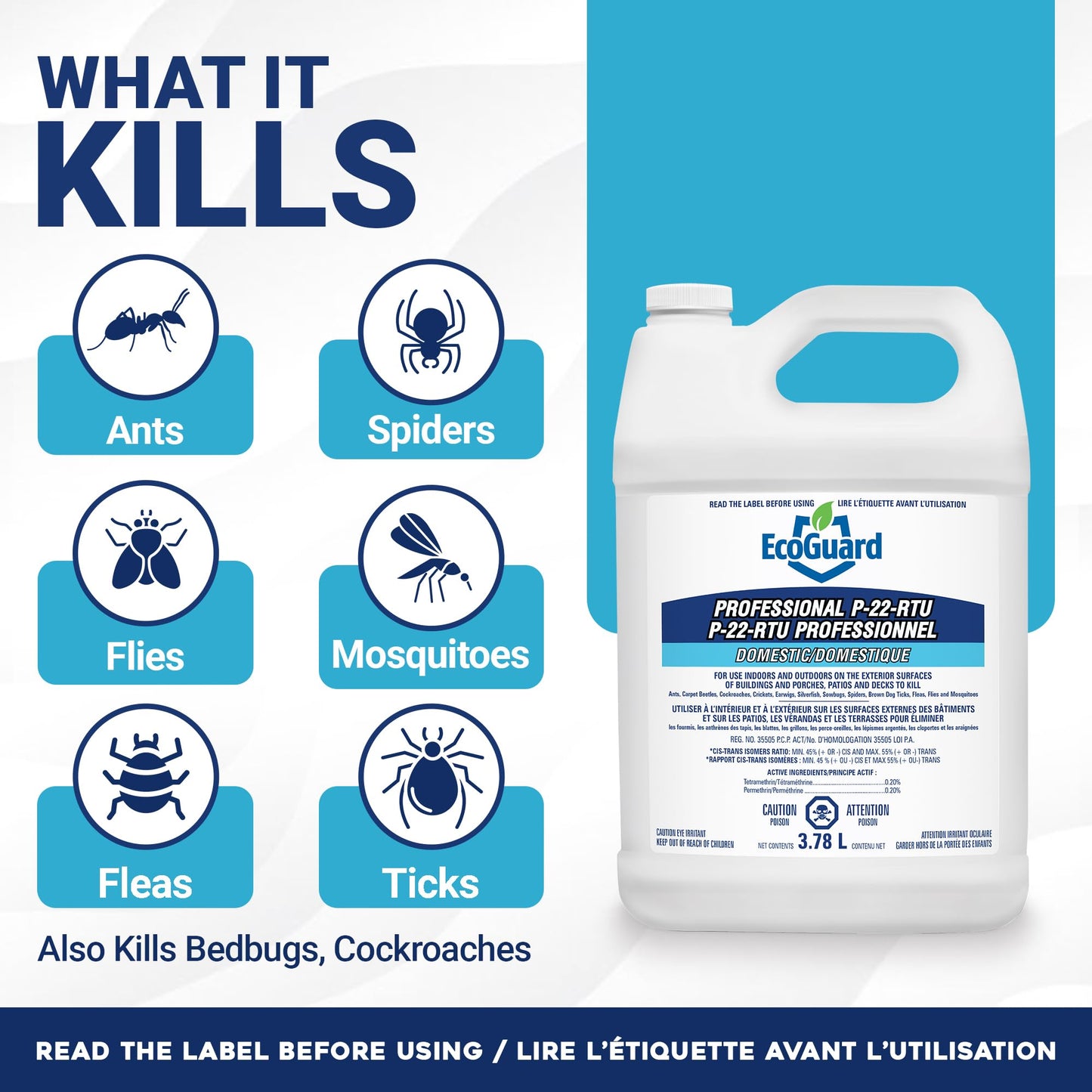 EcoGuard P-22-RTU Residual Insect Killer 3.78L with Sprayer Included, Ready-to-Use Indoor & Outdoor Pest Control for Ants, Cockroaches, Spiders, Fleas, Ticks, Flies & Mosquitoes (P-22-RTU+Sprayer)