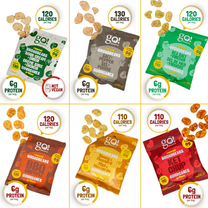 GoBeanz Variety Box – Roasted Broad Bean Snack Mix with 6 Flavors | 24 Single-Serve Packs | High-Protein, Low-Sodium