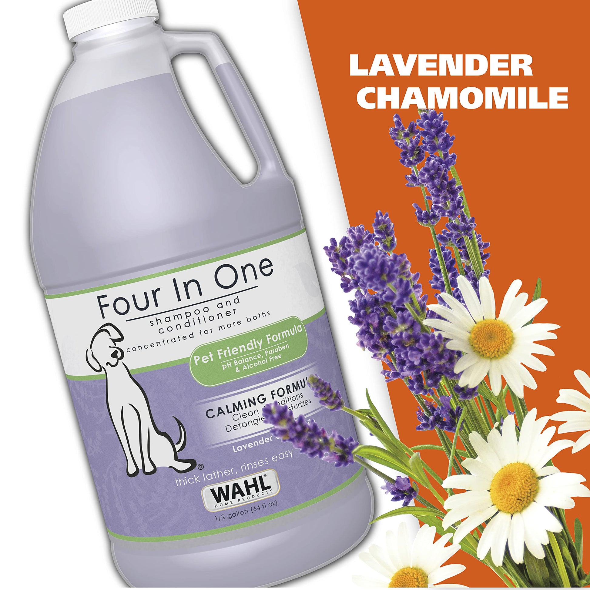 Wahl USA 4-in-1 Calming Pet Shampoo for Dogs with a Lavender Chamomile Scent – Cleans, Conditions, Detangles, & Moisturizes - Pet Friendly Formula – 64 Oz - Model 821000-050 Wahl