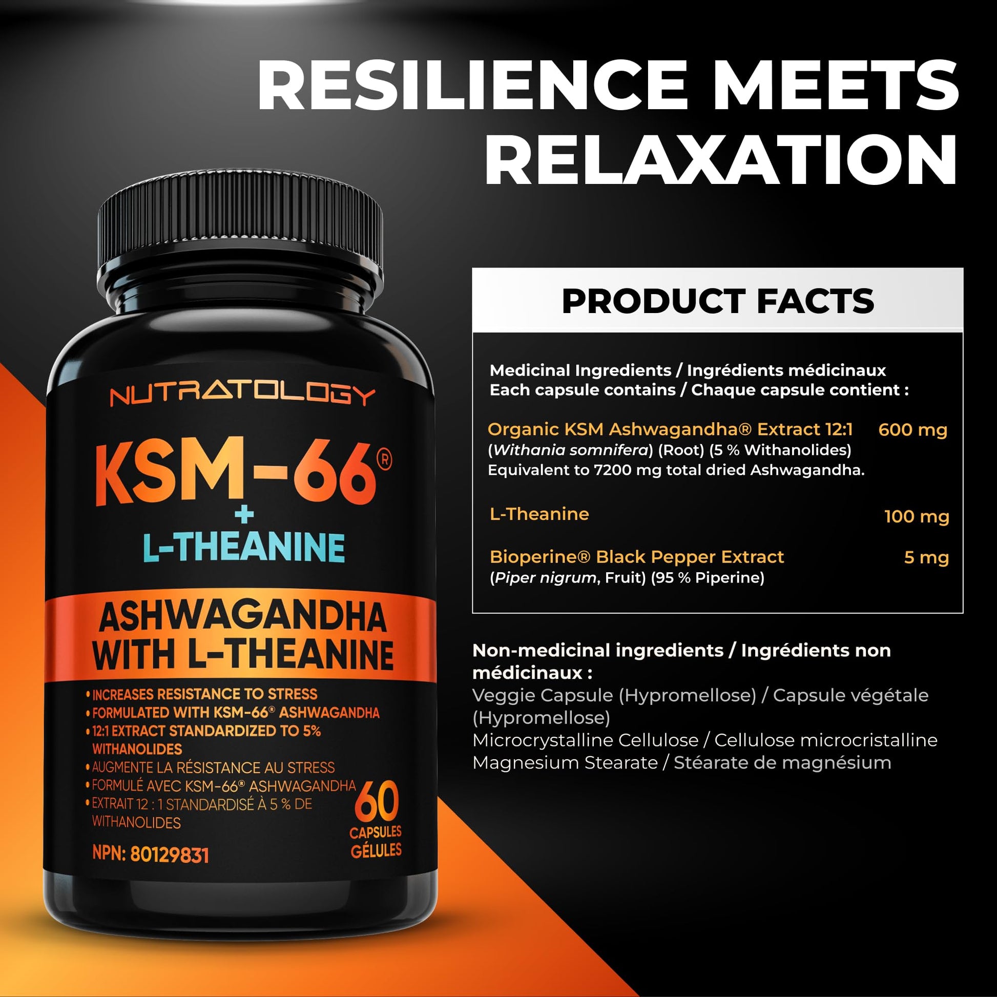 Nutratology® Ashwagandha KSM-66 7200MG + L-Theanine 100MG - Made In Canada | Stress Relief Supplements - Relaxation & Mood Support - Formulated With Bioperine For Enhanced Absorption - 60 Capsules - Available at All In One Marketplace Canada