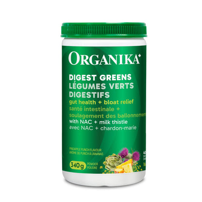 Organika Canadian-Made Digest Greens for Gut Health + Bloat Relief- Organic Greens Powder with NAC and Milk Thistle- Detox, Antioxidants, Digestion and Liver Support - Pineapple Punch Flavour- 340g