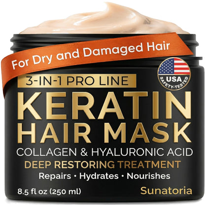 Keratin Hair Mask - Deep Conditioner for Dry, Damaged Hair — Hydrolyzed Keratin, Hyaluronic Acid, Argan Oil and Collagen - Sulfate-Free, Paraben-Free | 8.5 fl oz - Available at All In One Marketplace Canada