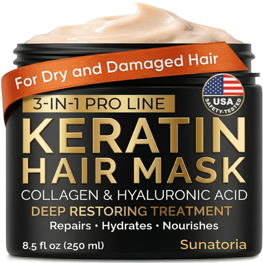 Keratin Hair Mask - Deep Conditioner for Dry, Damaged Hair — Hydrolyzed Keratin, Hyaluronic Acid, Argan Oil and Collagen - Sulfate-Free, Paraben-Free | 8.5 fl oz - Available at All In One Marketplace Canada
