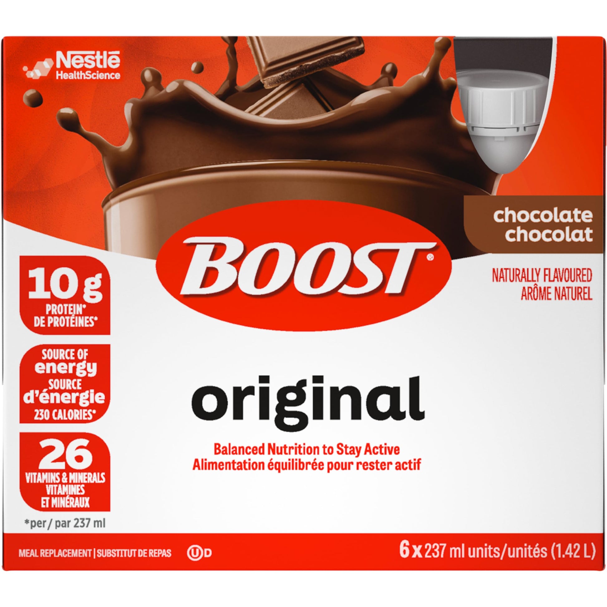 BOOST Original Chocolate Meal Replacement Drink, 237ml Bottles (6-Pack), Case of 4