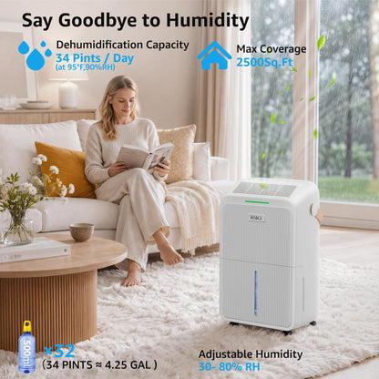 Dehumidifier for Basement with Drain Hose Max 34 Pints, KNKA 2500 Sq.Ft Dehumidifiers for Home, Large Room, Bathroom, Three Operation Modes, Intelligent Humidity Control, Dry Clothes, 24HR Timer
