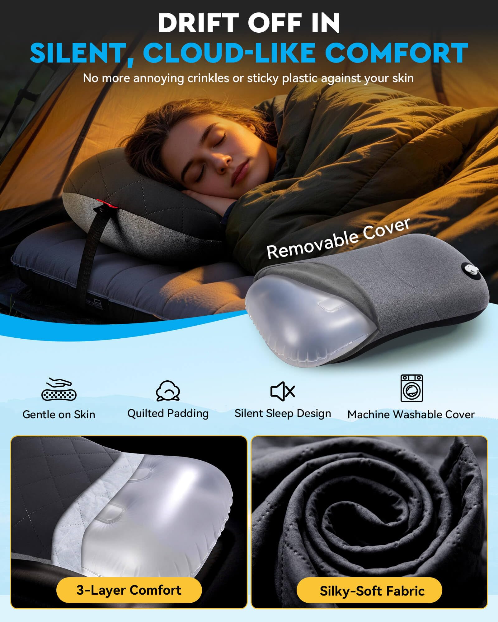 Hikenture Camping Pillow with Removable Cover - Ultralight Inflatable Pillow for Neck Lumber Support - Upgrade Backpacking Pillow - Washable Travel Air Pillows for Camping, Hiking, Backpacking (Black)