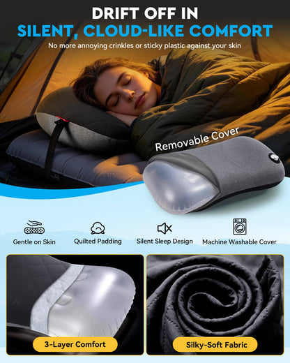 Hikenture Camping Pillow with Removable Cover - Ultralight Inflatable Pillow for Neck Lumber Support - Upgrade Backpacking Pillow - Washable Travel Air Pillows for Camping, Hiking, Backpacking (Black)
