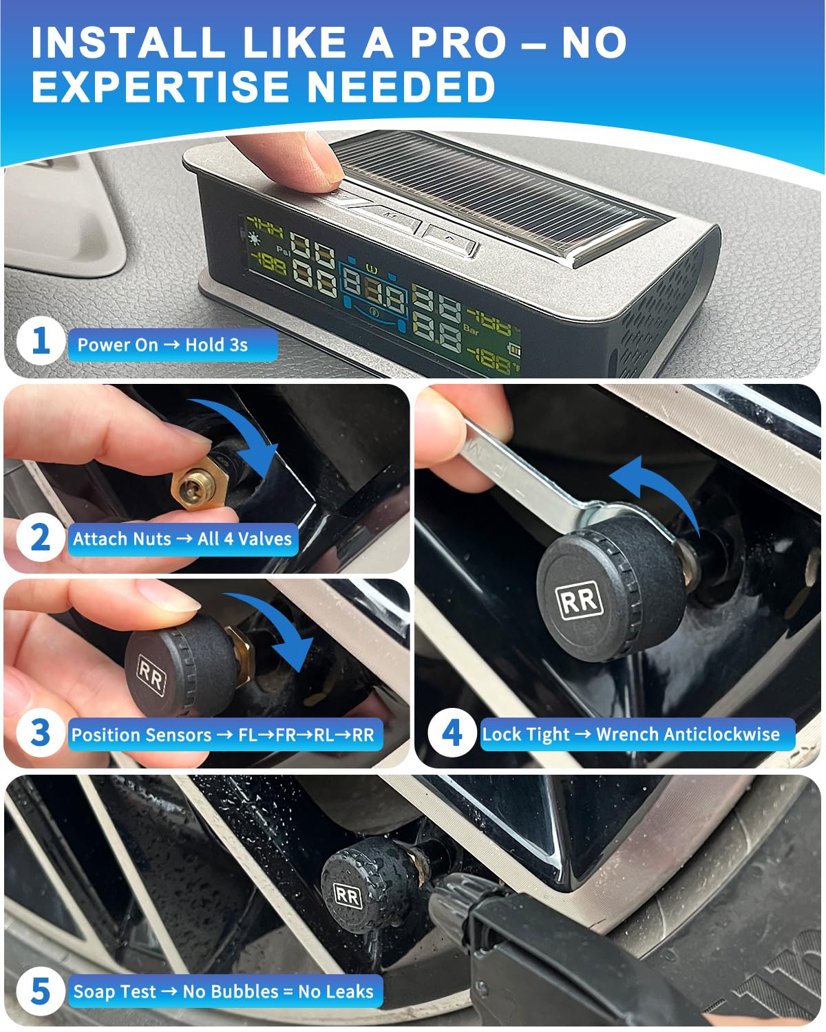Flydew RV Tire Pressure Monitoring System (TPMS) - TPMS sensors Set of 4 | Solar/USB Charger | LCD Display | for RV/Truck/SUV/MPV/Sedan | TPMS Kit