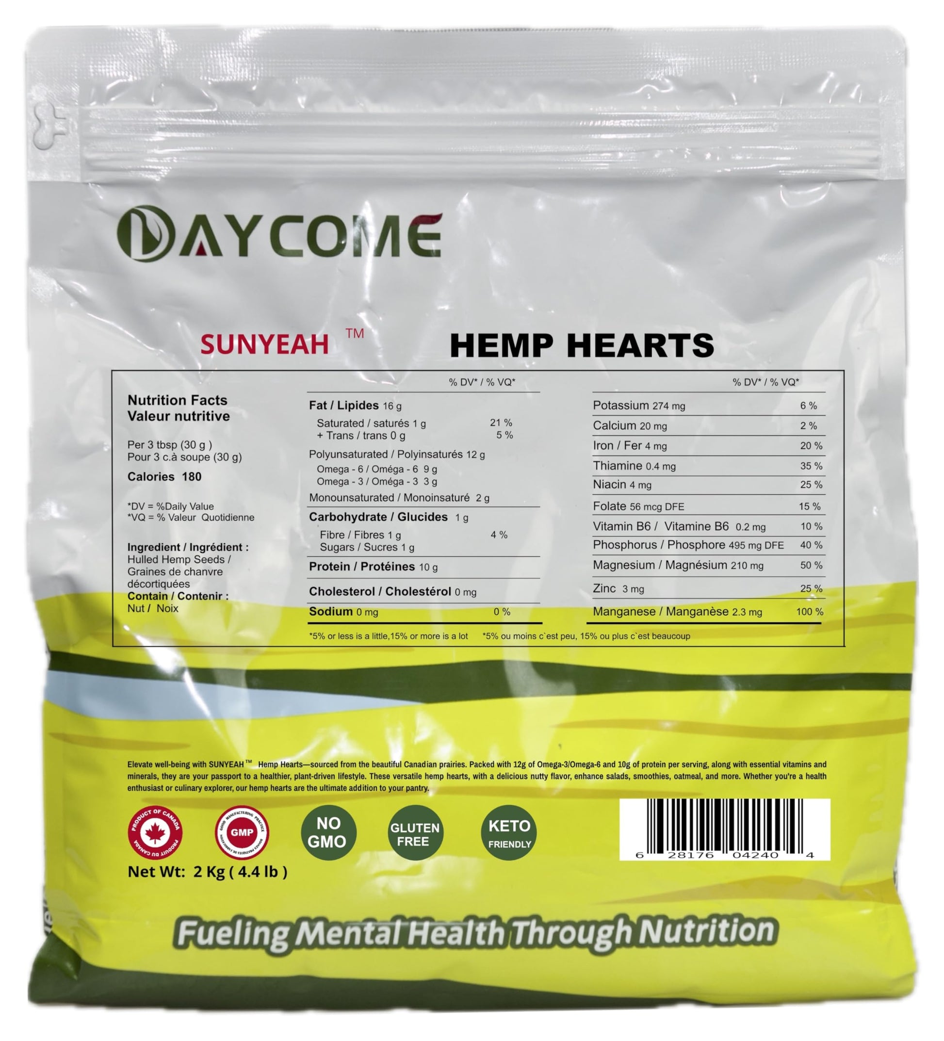 SUNYEAH Hemp Hearts - 2 kg Hulled Hemp Seeds from Saskatchewan, 12g Omega-3 & 6 per Serving, Non-GMO Vegan Keto
