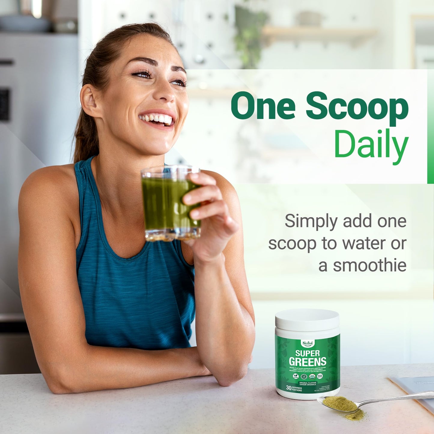 Nested Naturals Super Greens Powder - Organic Daily Greens Superfood Powder w/ 20+ Whole Foods, Spirulina, Wheat Grass & Barley Grass - Probiotics, Fiber & Enzymes - USDA Certified Organic, Original Flavour, 30 Servings - Available at All In One Marketplace Canada