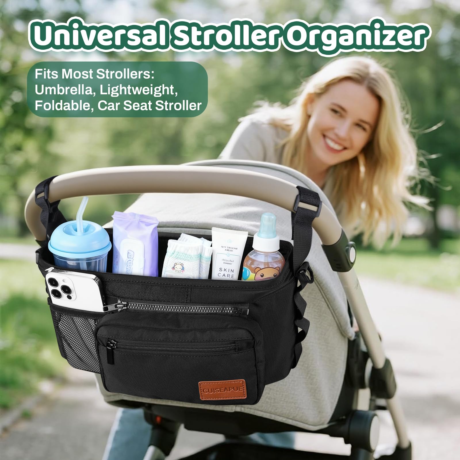 Stroller Caddy with Cup Holder: Universal Stroller Organizer with Detachable Phone Bag, Non-Slip Straps, Stroller Accessories Fits Uppababy,Bugaboo, Graco, Cybex, Nuna, Baby Jogger, Gifts for New Mom - Available at All In One Marketplace Canada