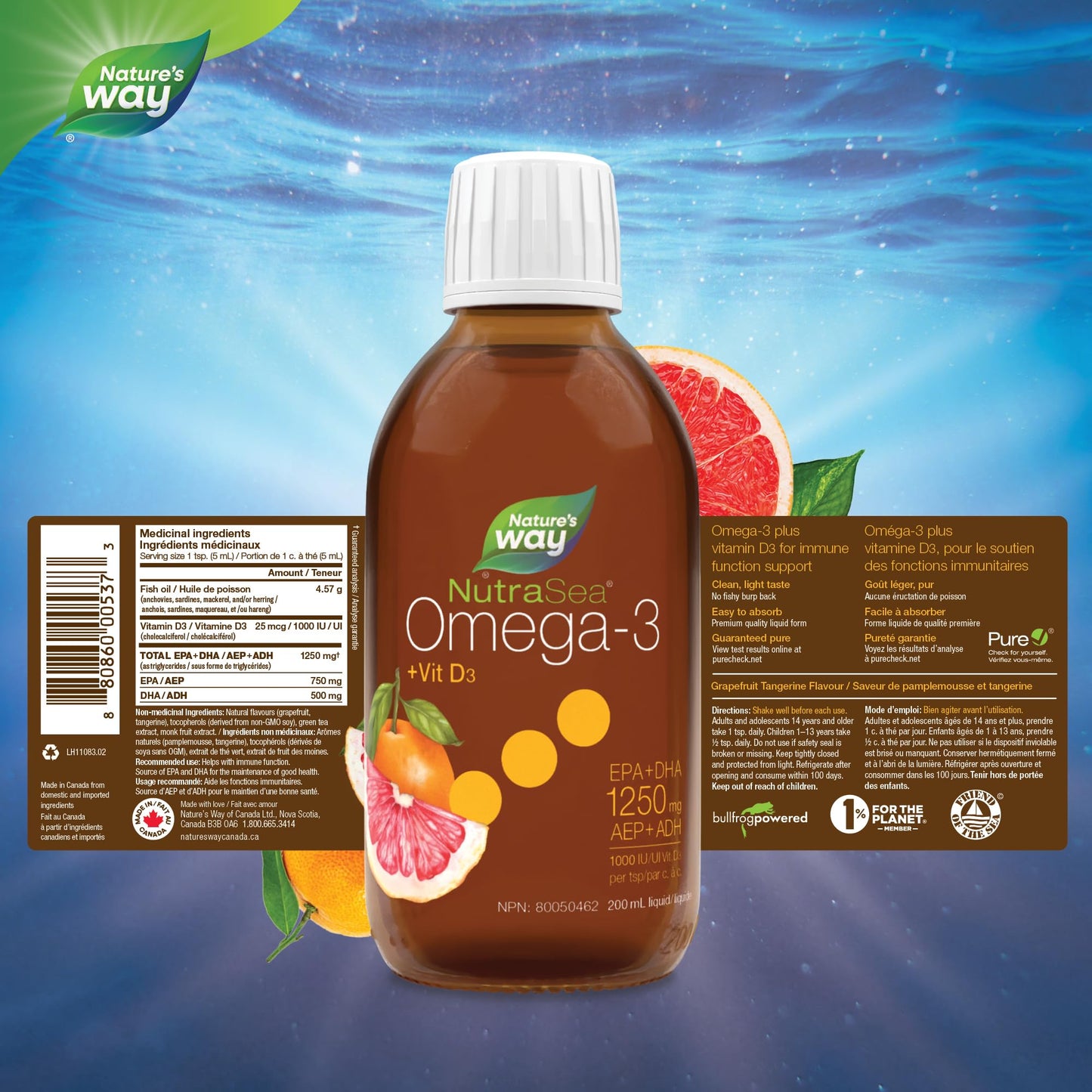 Nature's Way NutraSea Omega 3 + Vitamin D Fish Oil Liquid Supplement – Grapefruit Tangerine Flavour – 1250mg EPA & DHA + 1000IU D3, 200 mL Nature's Way