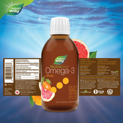 Nature's Way NutraSea Omega 3 + Vitamin D Fish Oil Liquid Supplement – Grapefruit Tangerine Flavour – 1250mg EPA & DHA + 1000IU D3, 200 mL Nature's Way