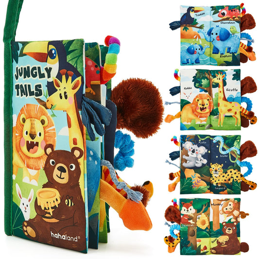 hahaland Baby Book Toy 0 3 6 12 Months - Touch and Feel First Crinkle Cloth Soft Book for Babies 0 Months, Baby Boy Girl Gifts for Newborn Infant - Jungly Tails Theme