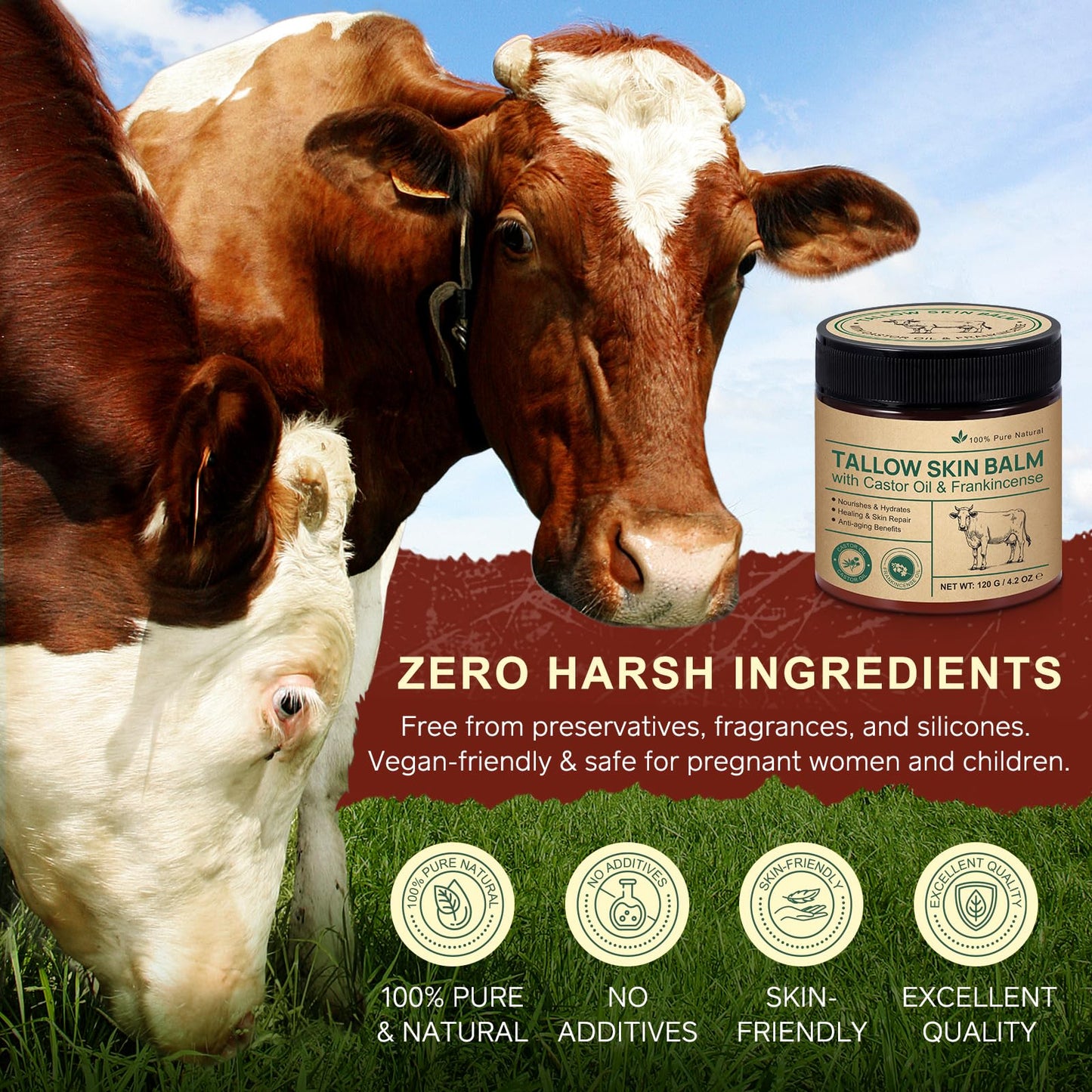 Beef Tallow Skin Care with Castor Oi & Frankincenses, Grass Fed Whipped Tallow Honey Balm for Face & Body, Natural Moisturizer Hydrates, Deeply Nourishes, Enhances Natural Radiance 120g - Available at All In One Marketplace Canada