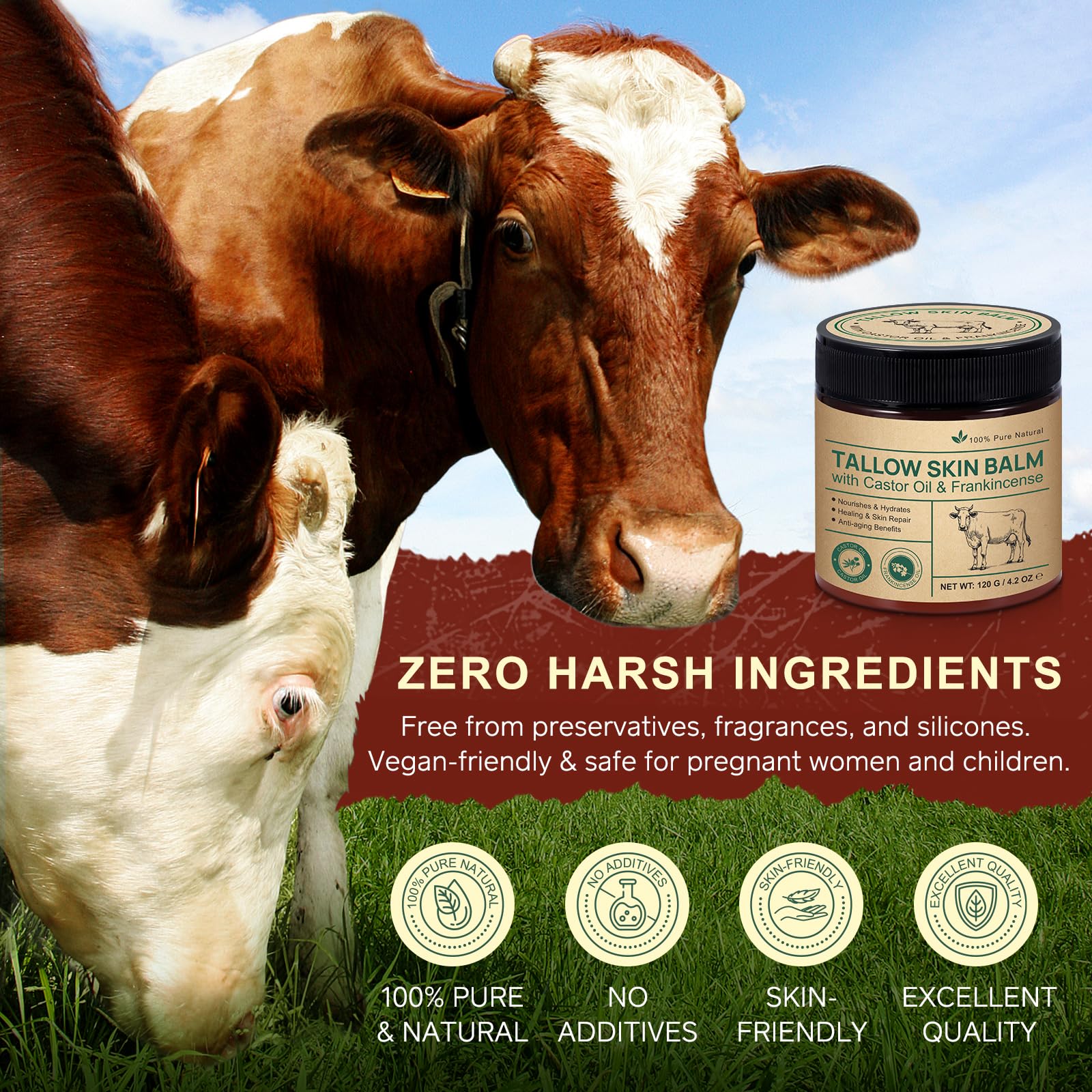 Beef Tallow Skin Care with Castor Oi & Frankincenses, Grass Fed Whipped Tallow Honey Balm for Face & Body, Natural Moisturizer Hydrates, Deeply Nourishes, Enhances Natural Radiance 120g - Available at All In One Marketplace Canada