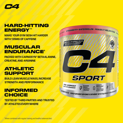 Cellucor C4 Sport Pre Workout Powder - Preworkout Energy with Creatine, Beta-Alanine, and 135mg Caffeine - NSF Certified for Sport - Strawberry Watermelon, 30 Servings