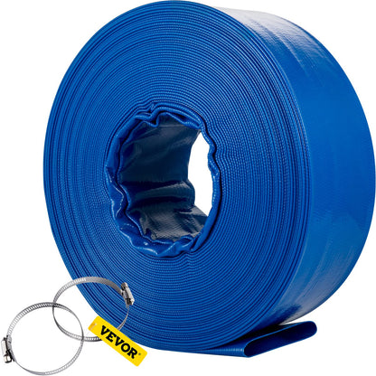 VEVOR Discharge Hose, 1-1/2" x 100', PVC Fabric Lay Flat Hose, Heavy Duty Backwash Drain Hose with Clamps, Weather-Proof & Burst-Proof, Ideal for Swimming Pool & Water Transfer, Blue VEVOR