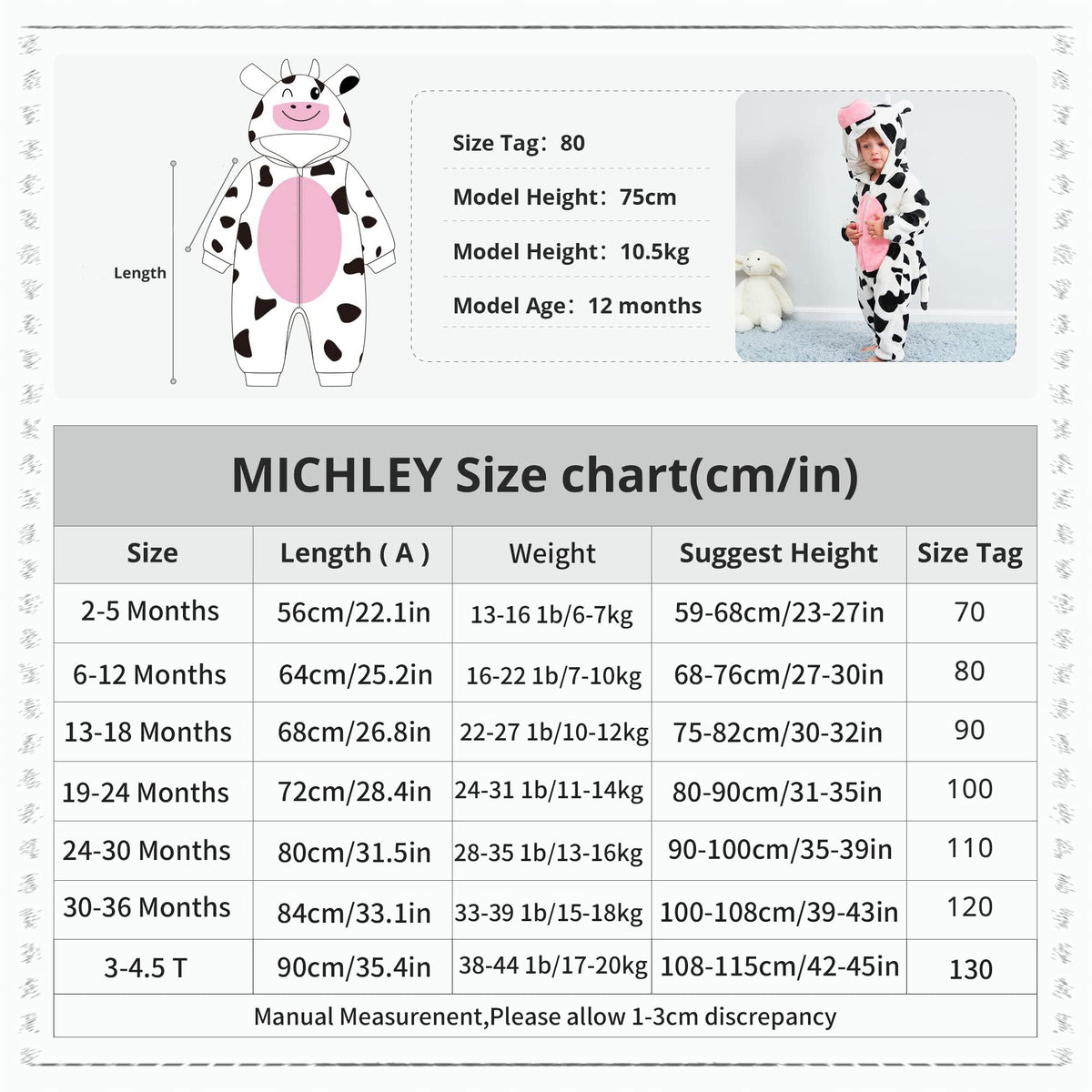 MICHLEY Baby Romper Animal Cosplay Jumpsuit Outfit, Cow, 12-18months 🍁 All In One Marketplace Canada