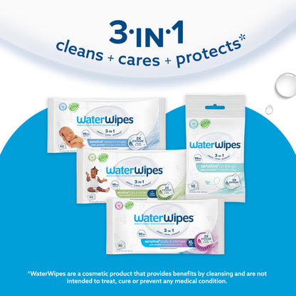 WaterWipes Sensitive+ Body & Intimate Wipes, 3-In-1 Cleans, Cares, Protects, 99.9% Water, Unscented & Hypoallergenic Hygiene Wet Wipes, Adult Care, 90 Wipes (3 Packs) WaterWipes