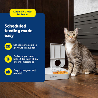 PetSafe Analog 2 Meal Programmable Pet Feeder, Automatic Dog and Cat Feeder - Dry or Semi-Moist Pet Food Dispenser, Slow Feed Portion Control (3 Cup/16 Ounce Total Capacity), Tamper-Resistant Design PetSafe