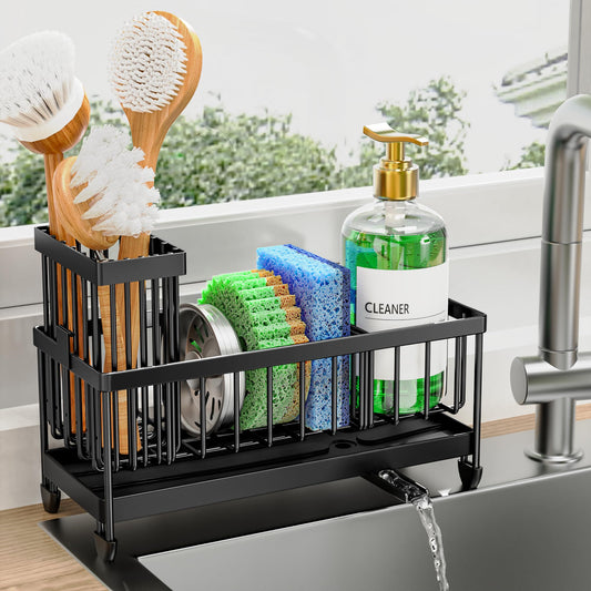 Cisily Sponge Holder for Kitchen Sink, Sink Caddy with High Brush Holder, Organzier Rustproof 304 Stainless Steel Dish Organizer Divider, Soap Dispenser Storage (Black)