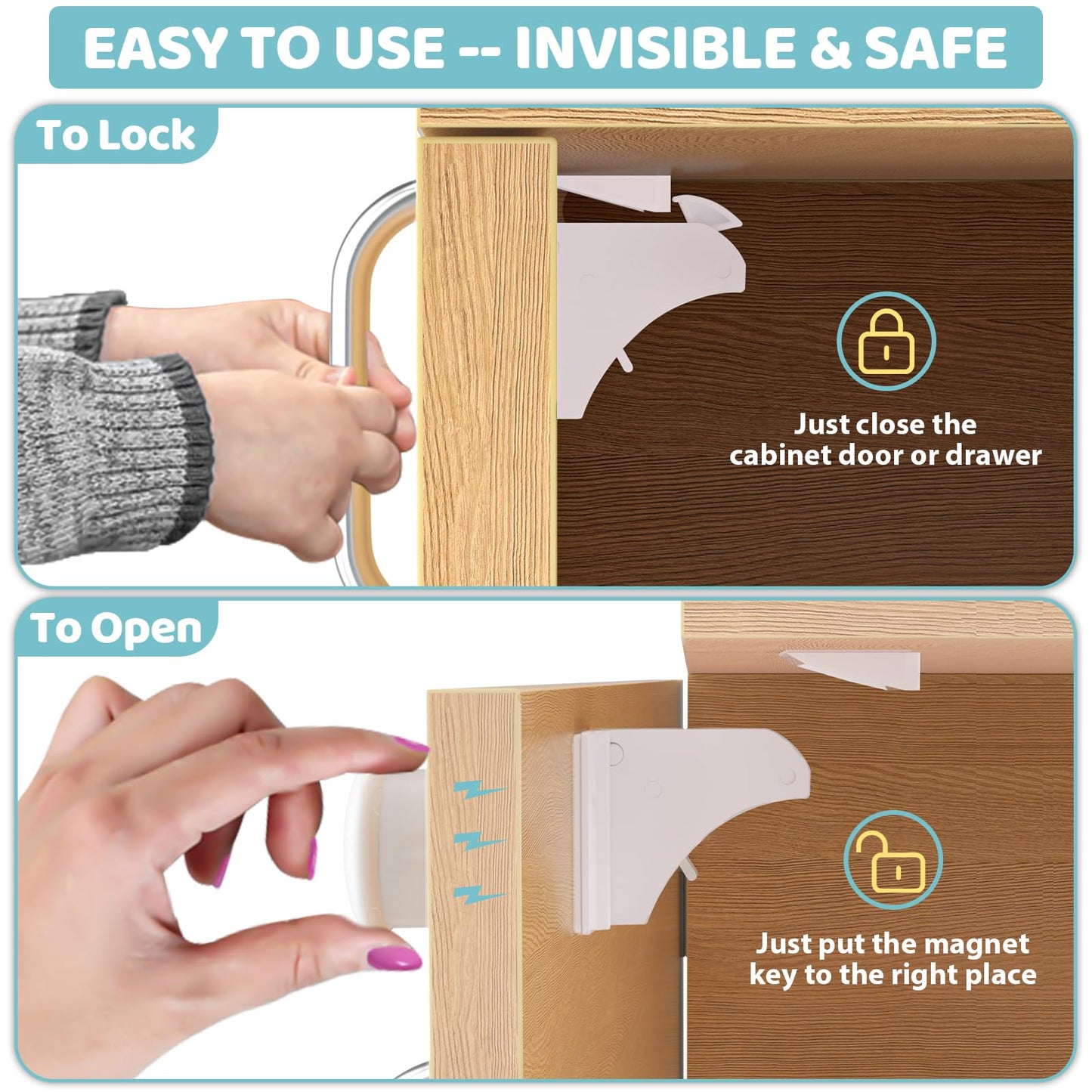 4our Kiddies 12 Pack Child Safety Magnetic Cabinet Locks with 2 Keys, No Drill Baby Proofing Drawer Locks for Baby Safety, Invisible Adhesive Magnetic Cupboard Locks for Kitchen Cabinet and Drawers