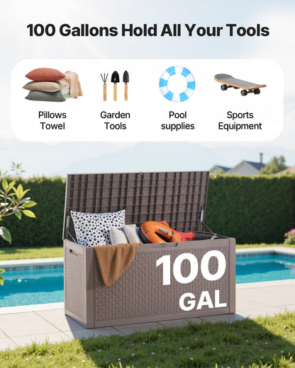 VEVOR Outdoor Storage Box, 100 Gallon Resin Deck Box, Backyard Outside Toy and Towel Storage Cabinet Waterproof, for Patio Furniture Cushions, Garden Tools, Pool Supplies & Package Delivery 🍁 All In One Marketplace Canada