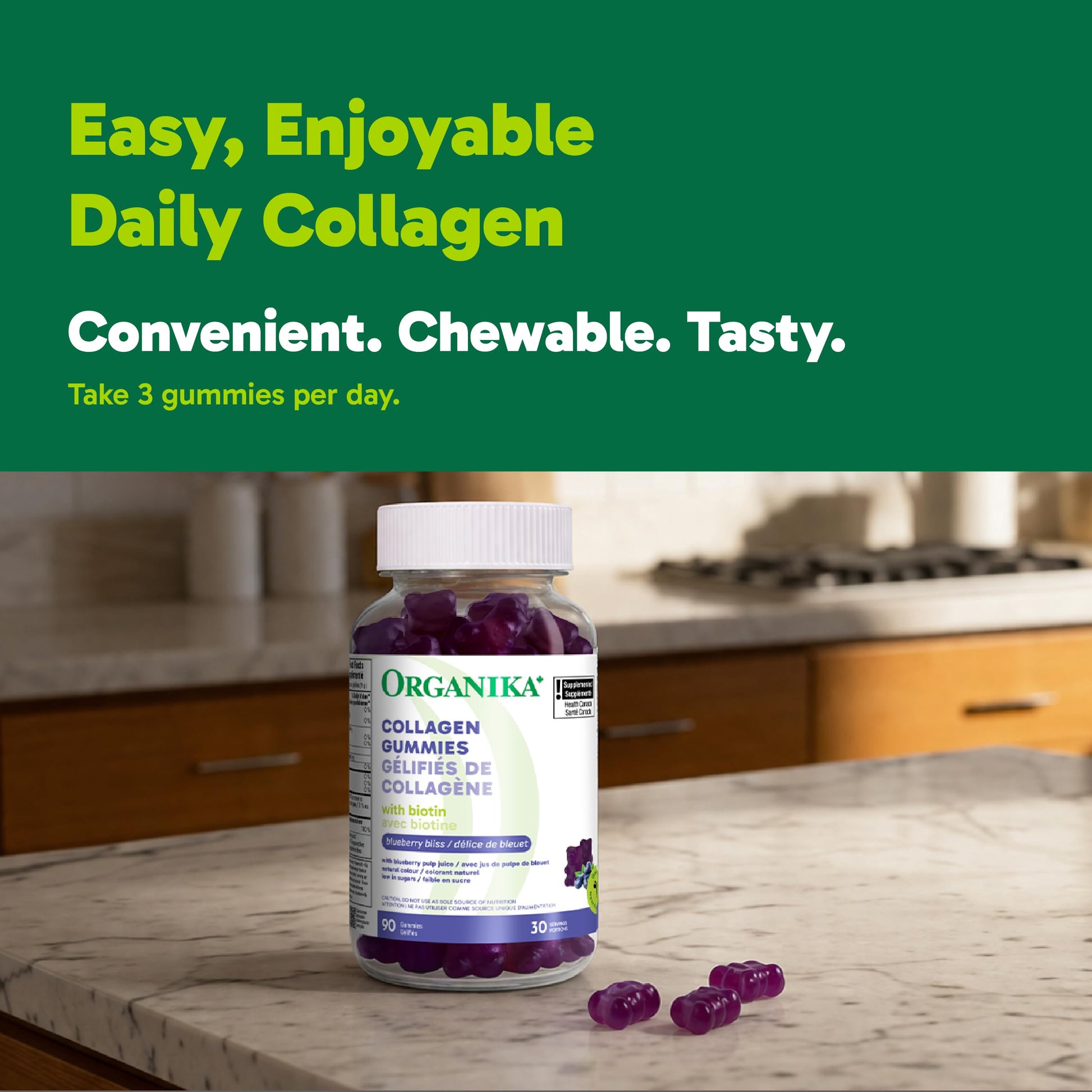 Organika Collagen Gummies with Biotin – 2500 mg Collagen Peptides Per Serving for Skin, Hair and Joint Health – Blueberry Bliss Flavour, Easy to Take – 90 Gummies - Available at All In One Marketplace Canada